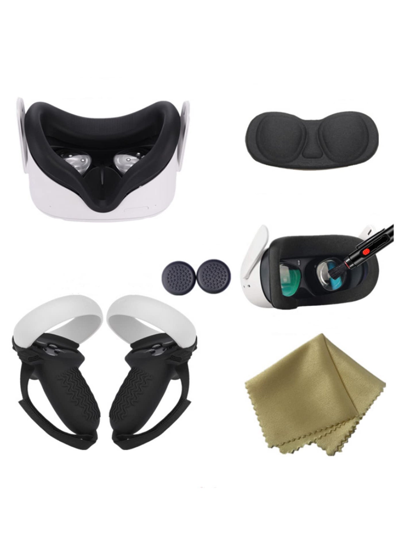 6 in 1 Protective Set for Oculus Quest 2 VR Headset Silicone Eye Mask Controller Cover Lens Cleaning Pen Face Cover Disposable Eye Pad Starter Accessories Kit