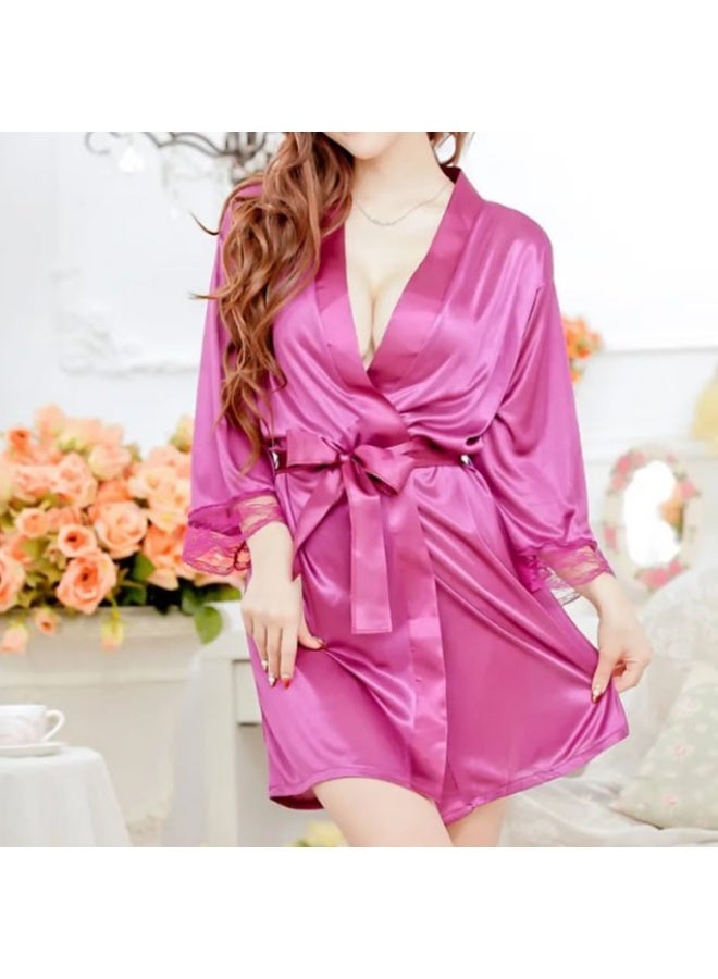 MARGOUN (Size M and L) Satin Silk Pajamas Robe for Women Height 80cm Lace Short Sleeve Nightgown Underwear Lingerie Sleepwear Mini Nightdress Robe - Pink - Image 1