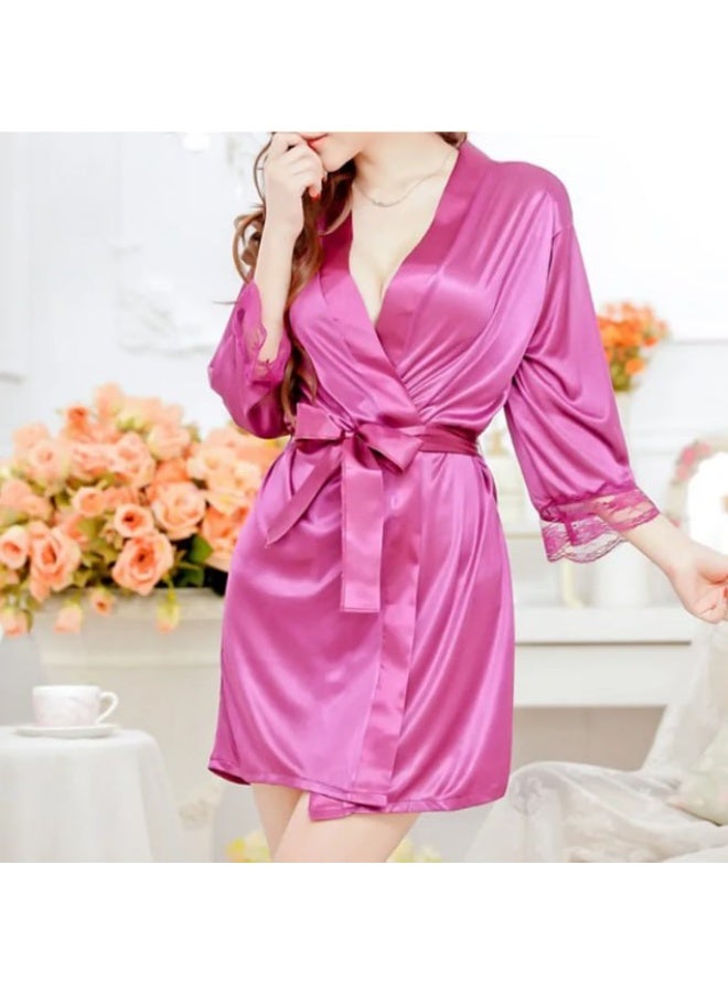 MARGOUN (Size M and L) Satin Silk Pajamas Robe for Women Height 80cm Lace Short Sleeve Nightgown Underwear Lingerie Sleepwear Mini Nightdress Robe - Pink - Image 2