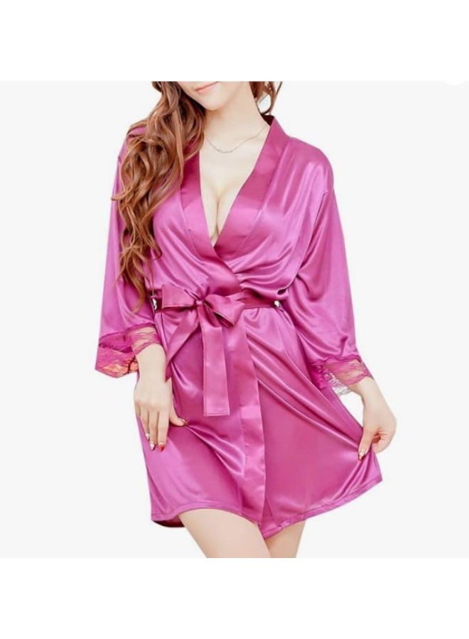 MARGOUN (Size M and L) Satin Silk Pajamas Robe for Women Height 80cm Lace Short Sleeve Nightgown Underwear Lingerie Sleepwear Mini Nightdress Robe - Pink - Image 3