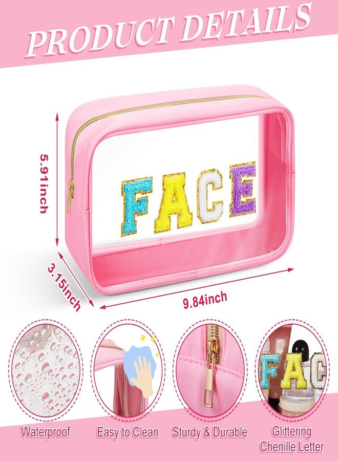 Abbylike 6 Pcs Large Chenille Letter Cosmetic Bag Preppy Patch PVC Nylon Makeup Bag Portable Glitter Clear Cosmetic Bags with Zipper Travel Toiletry Storage Stuff Pouch for Women - Image 3