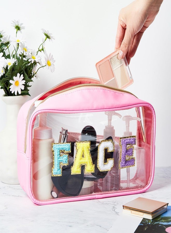 Abbylike 6 Pcs Large Chenille Letter Cosmetic Bag Preppy Patch PVC Nylon Makeup Bag Portable Glitter Clear Cosmetic Bags with Zipper Travel Toiletry Storage Stuff Pouch for Women - Image 2