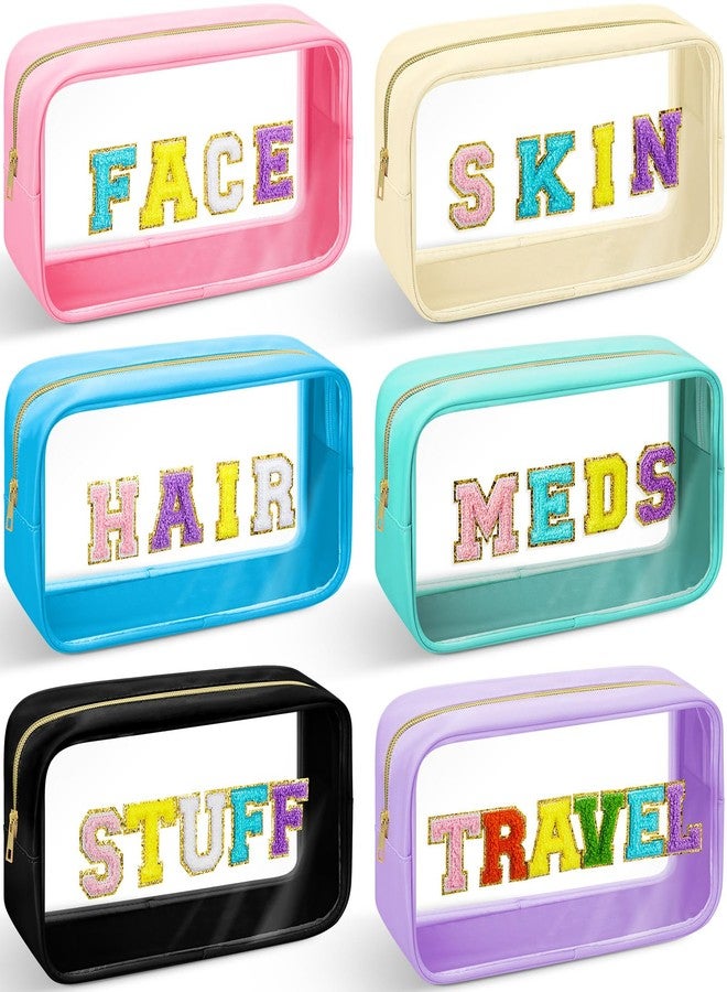Abbylike 6 Pcs Large Chenille Letter Cosmetic Bag Preppy Patch PVC Nylon Makeup Bag Portable Glitter Clear Cosmetic Bags with Zipper Travel Toiletry Storage Stuff Pouch for Women - Image 1