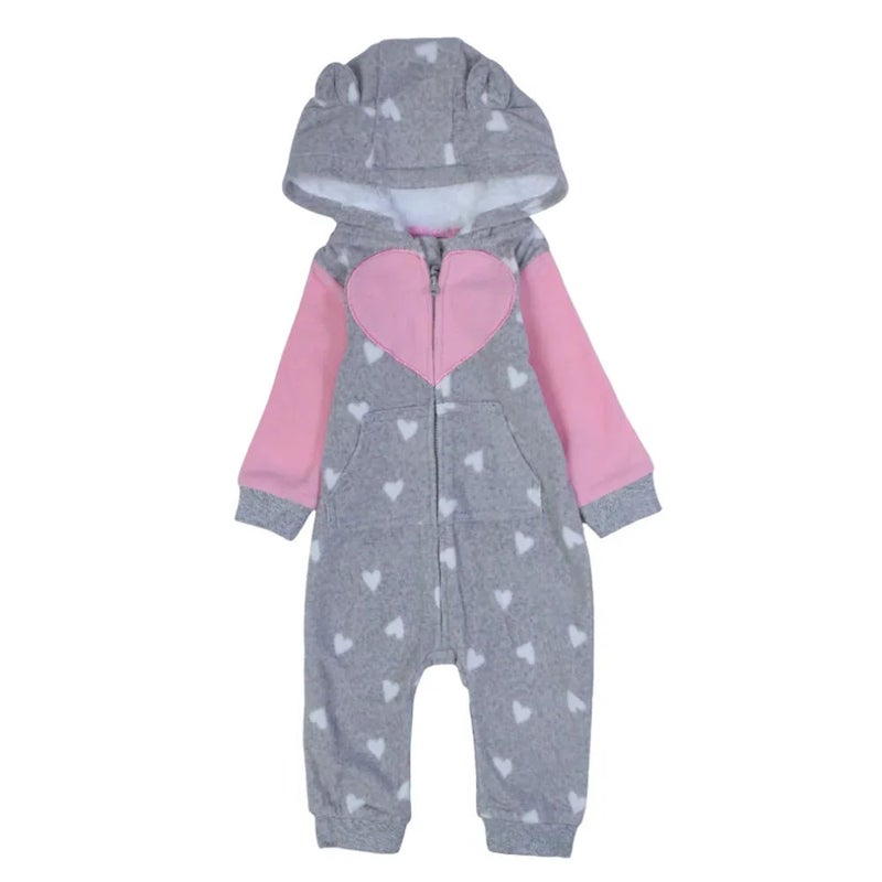Cherries Baby Girls Hooded Footless Onesie  – Grey with Little Hearts Print - Image 1