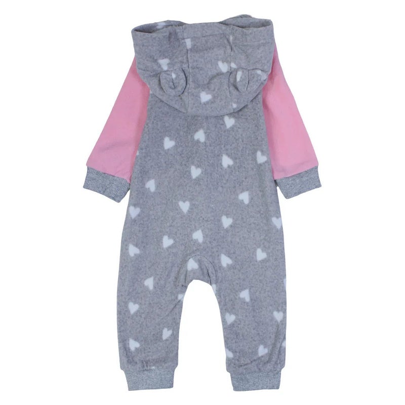 Cherries Baby Girls Hooded Footless Onesie  – Grey with Little Hearts Print - Image 2