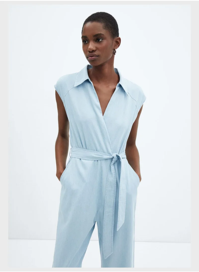 MANGO Belted V-Neck Jumpsuit