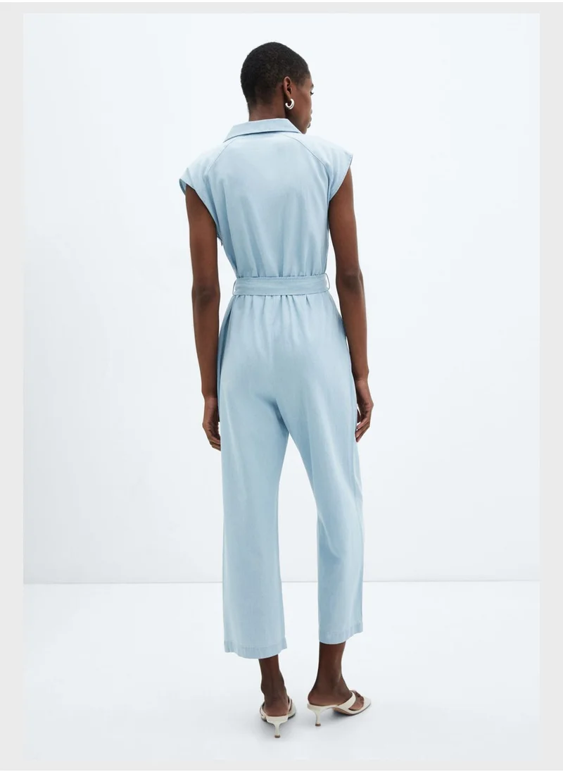 MANGO Belted V-Neck Jumpsuit