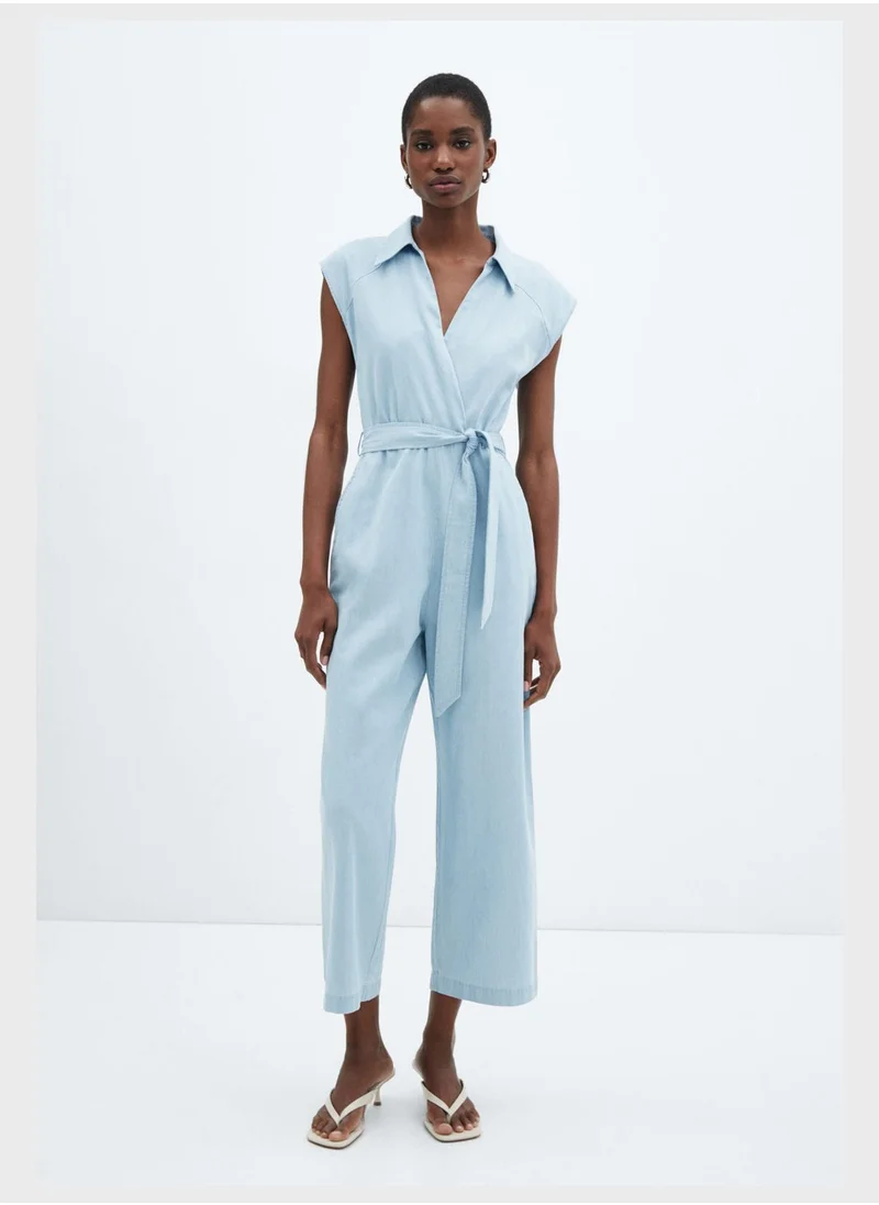 MANGO Belted V-Neck Jumpsuit