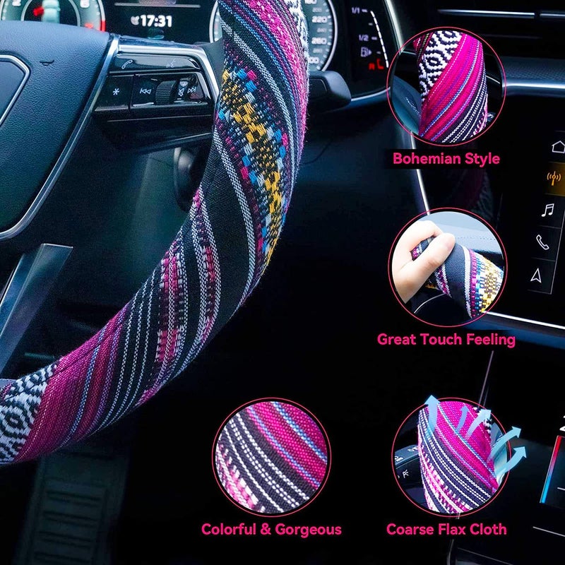 Limsas Boho Steering Wheel Cover Elastic Microfiber for Women, Universal Fit 15 inch Car SUV, Hippie Style Protector Cover, Anti-Slip, Breathable, Absorbing Sweat - 03 - Image 3