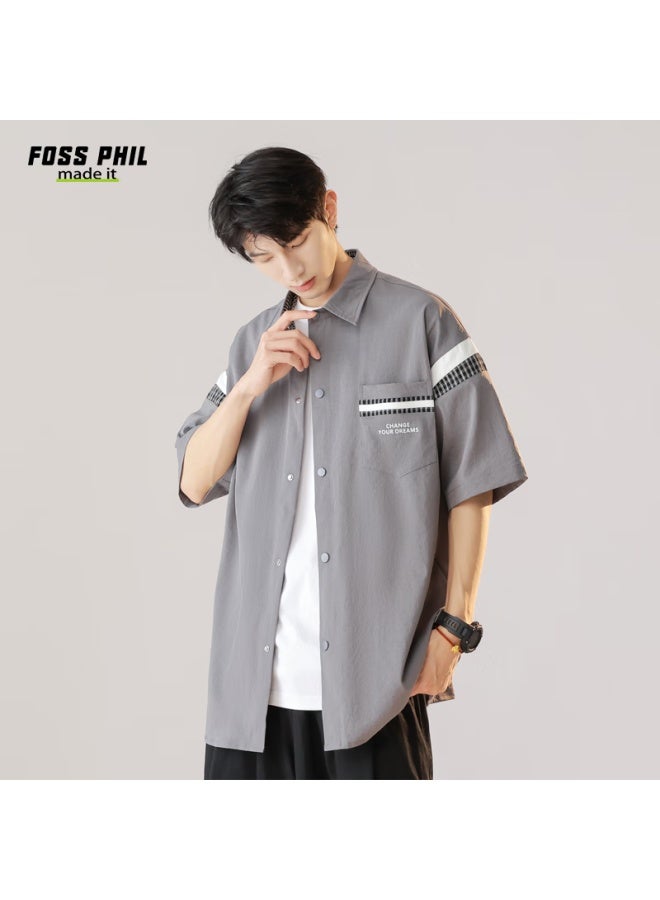 Foss Phil Men's Short Sleeve Work Shirt Summer Fashion Brand Thin Casual Loose Half Sleeve Shirt Fpcs6 Gray 2XL - Image 2