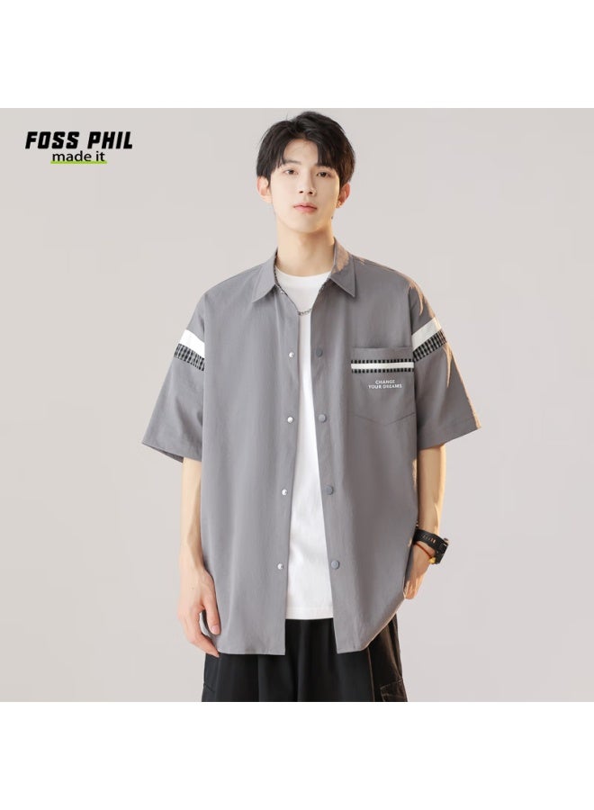Foss Phil Men's Short Sleeve Work Shirt Summer Fashion Brand Thin Casual Loose Half Sleeve Shirt Fpcs6 Gray 2XL - Image 4