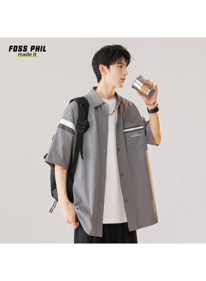 Foss Phil Men's Short Sleeve Work Shirt Summer Fashion Brand Thin Casual Loose Half Sleeve Shirt Fpcs6 Gray 2XL - Image 3