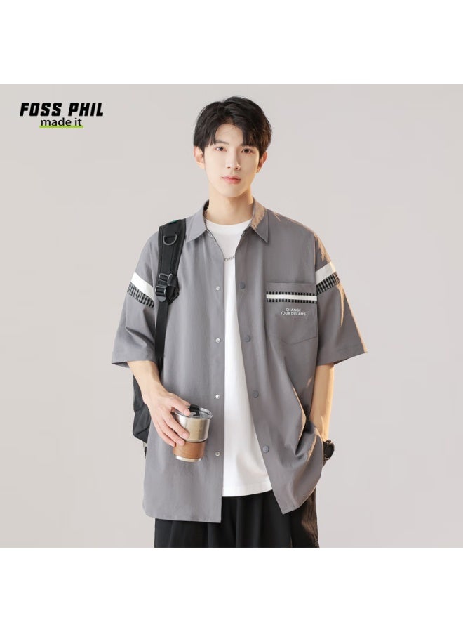 Foss Phil Men's Short Sleeve Work Shirt Summer Fashion Brand Thin Casual Loose Half Sleeve Shirt Fpcs6 Gray 2XL - Image 5