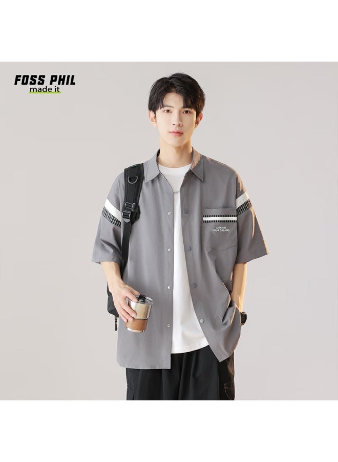 Foss Phil Men's Short Sleeve Work Shirt Summer Fashion Brand Thin Casual Loose Half Sleeve Shirt Fpcs6 Gray 2XL - Image 1