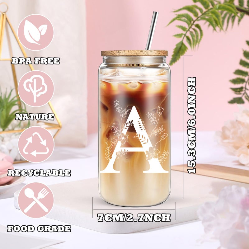 DHQH Unique Initial Glass Cup with Lids and Straws, Monogrammed Gifts Box Included Makeup Bag, Valentines Day Mothers Dayâ€…Birthday Gifts for Women Mom Sister Grandma, A - Image 2
