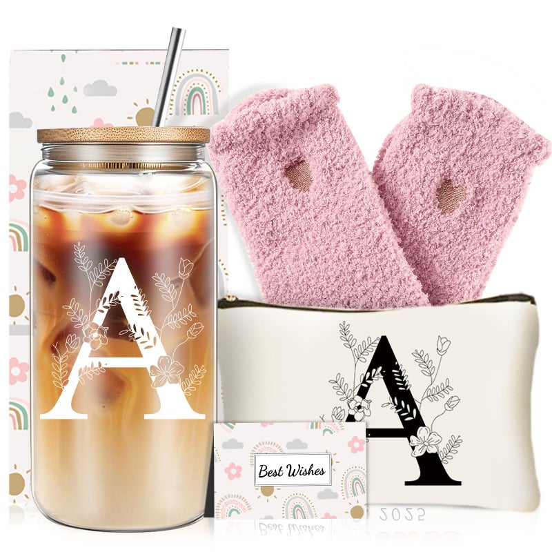 DHQH Unique Initial Glass Cup with Lids and Straws, Monogrammed Gifts Box Included Makeup Bag, Valentines Day Mothers Dayâ€…Birthday Gifts for Women Mom Sister Grandma, A - Image 1