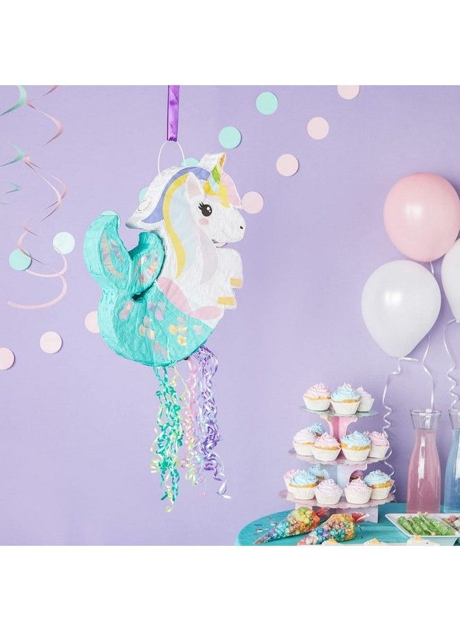 Blue Panda Unicorn Mermaid Pull String Pinata For Girls Party Decorations Under The Sea Party Supplies Kids Rainbow Birthday Celebrations Baby Shower (Small 16.5X13X3 In)  - Image 3
