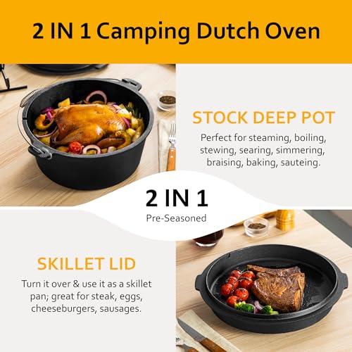 Velaze 10QT Camping Dutch Oven, Pre-Seasoned Cast Iron Camp Dutch Oven Pot with Lid, for Use in the Oven, on the Stove, Grill, or over the Campfire - Metal Handle, Lid Lifter, and Stand Support - Image 3