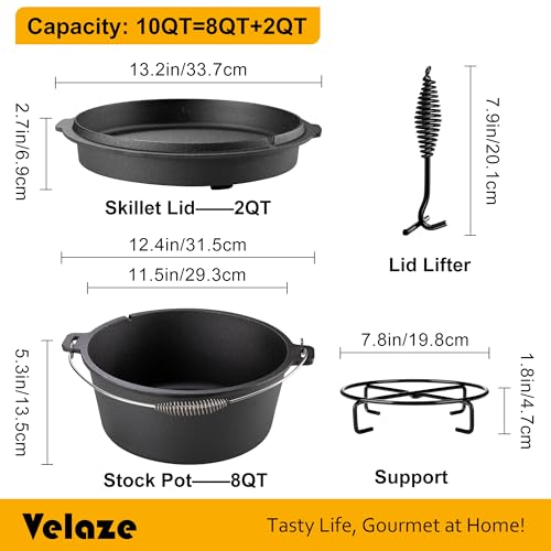 Velaze 10QT Camping Dutch Oven, Pre-Seasoned Cast Iron Camp Dutch Oven Pot with Lid, for Use in the Oven, on the Stove, Grill, or over the Campfire - Metal Handle, Lid Lifter, and Stand Support - Image 2