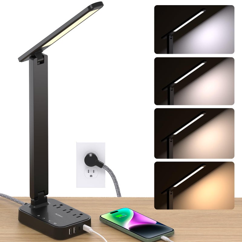 Addtam LED Desk Lamp, Power Strip with 3 Outlets 4 USB Charging Ports(2 USBC), 4 Modes 5 Level Brightness Touch Lamp, Small Desk Lamp for Home Office College Dorm Room Essentials - Image 1