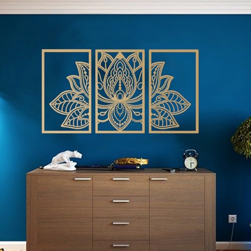 ESTART 3 Pcs Lotus Flower Metal Wall Art Decor Religion Faith Mandala Home Wall Decoration for Living Room Bedroom Office and Yoga Room Hanging Decor Gold - Image 1