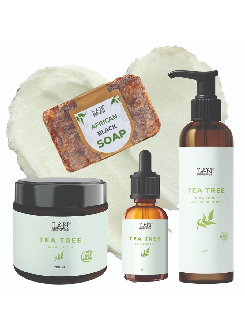 طقم لوشن شجرة الشاي وزبدة الشيا الطبيعي 250مل مع زبدة الشيا بخلاصة شجرة الشاي 200مل مع زيت شجرة الشاي الاساسي 30مل مع صابون  افريقي اسود طبيعي 120جرام