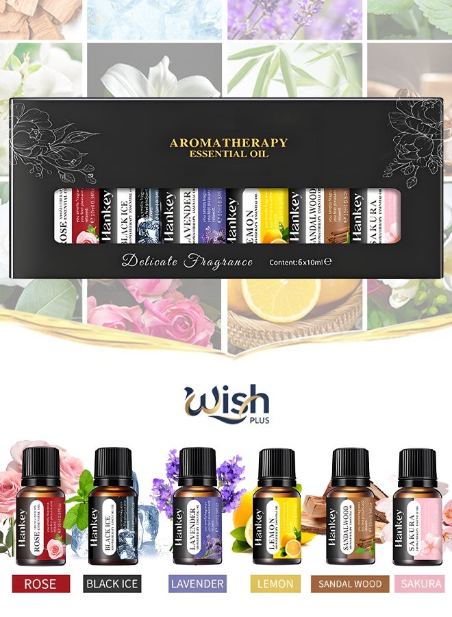 Wish Plus 6pcs x 10mL Aromatherapy Essential Oils Set – Water-Soluble Diffuser Oils for Humidifier, Helps Relaxation & Relieves Dry Skin – Sandalwood, Rose, Lavender, Lemon, Black Ice, Sakura - Image 1