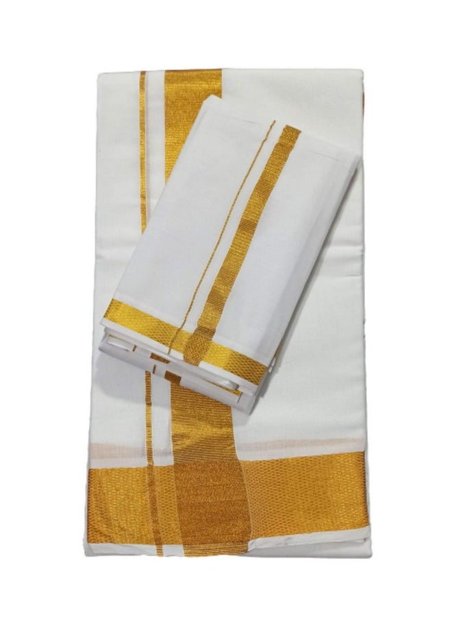 SMT Men's Traditional White Cotton Free Size Double Casual Style Dhoti/Lunge With Big Gold Border With 1-Angvastram Towel 1.80 Meters Length - pzsku/ZBA35208DD64A0F59672BZ/45/_/1740982695/0fb65f8e-6f7a-43a3-88b3-b3fadb6fef49