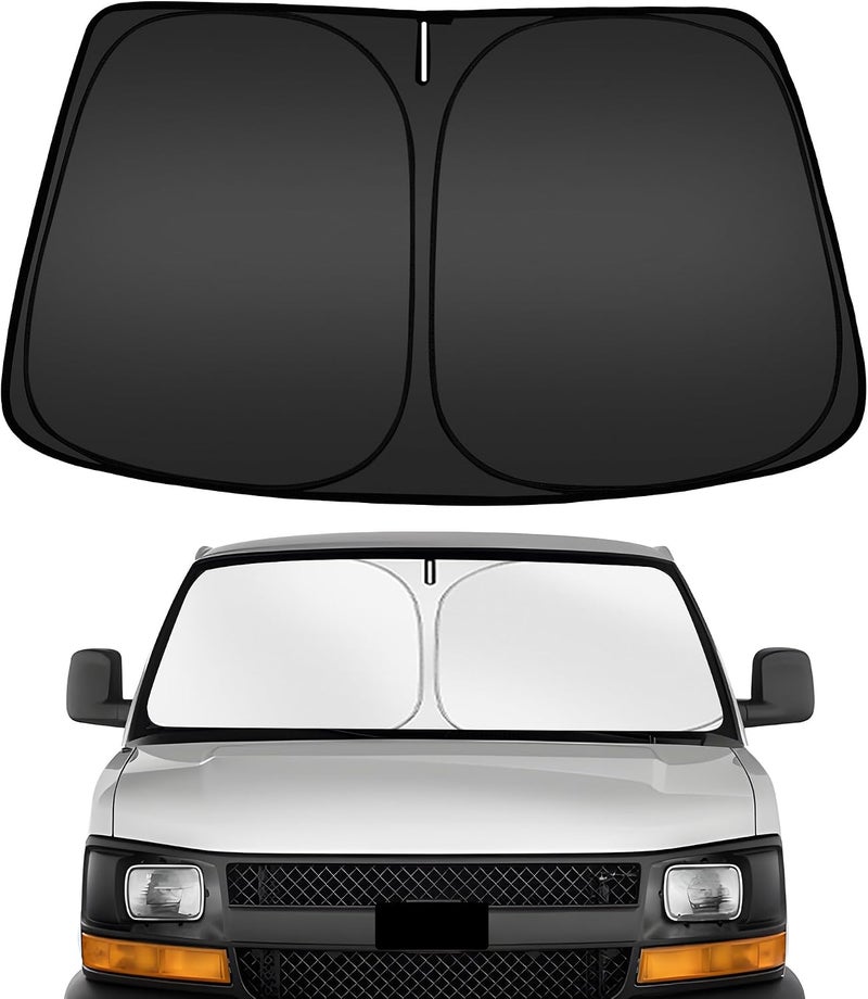 ARISMOTOR Windshield Sun Shade for Chevy Express 1500 2500 3500 4500 1996-2026/GMC Savana 1996-2025, Custom Fit Foldable Front Window Sunshade Sun Visor Protector, Block UV Rays Keep Your Car Cooler - Image 1