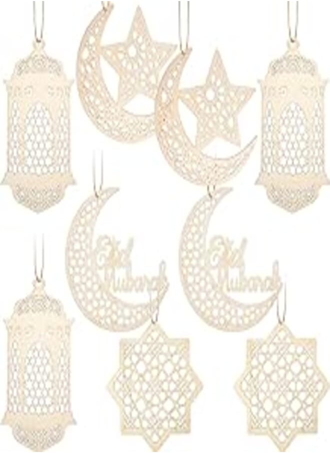 Queekay - 9 Pieces Wooden Pendant Ornament Ramadan Kareem Hollow Decoration Moon Star Wind Light Shape Pendant Ornament Rustic Happy Eid Hanging Sign for Ramadan Mubarak Eid Party Decorations - Image 1