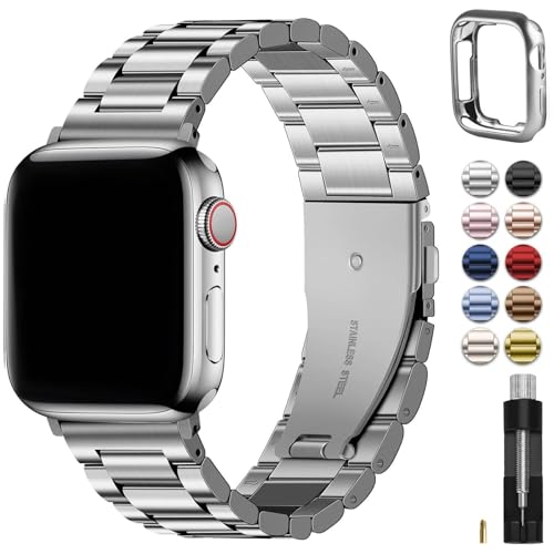 Fullmosa Compatible Apple Watch Band 42mm 44mm 45mm, Stainless Steel iWatch Band with Case for Apple Watch SE3/2/1 Series 9/8/7/6/5/4/3/2/1, 42mm 44mm 45mm Silver (Watch not Included) - Image 1