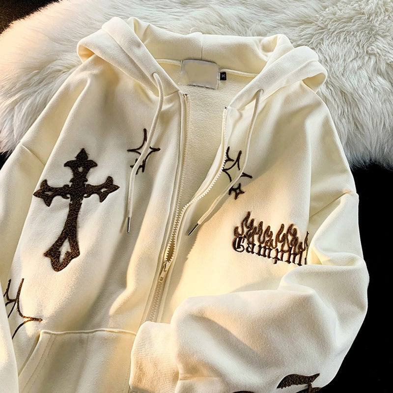 Embroidered Cardigan Sweater Beauty Retro Fun Sense oversize Couple Loose Hooded Sweater Autumn and Winter Coat for Men and Women - Image 2