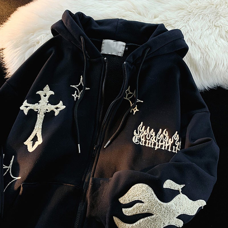 Embroidered Cardigan Sweater Beauty Retro Fun Sense oversize Couple Loose Hooded Sweater Autumn and Winter Coat for Men and Women - Image 4