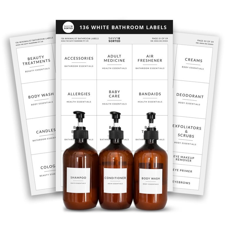 Savvy & Sorted Minimalist Bathroom Labels for Organizing 136 Preprinted Bath Room and Makeup Organizer Stickers Waterproof Removable Soap Shampoo Storage Supplies