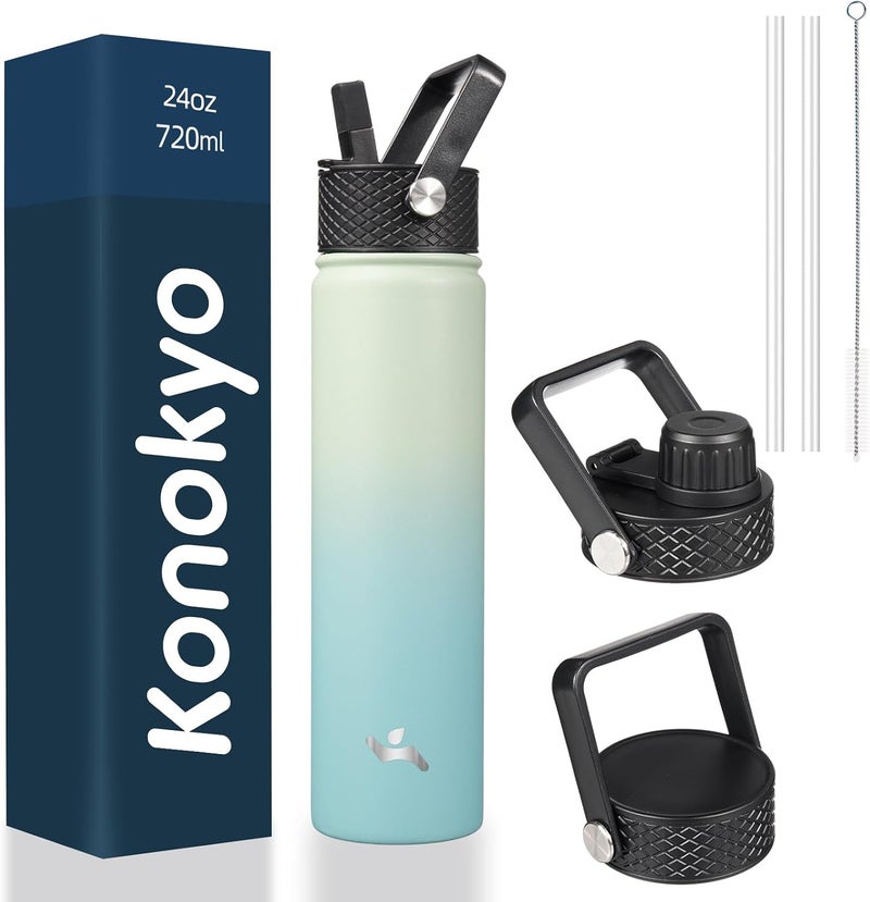 Konokyo Insulated Water Bottle 24oz Stainless Steel Sport Bottles with 3 Lids,Mint - Image 1