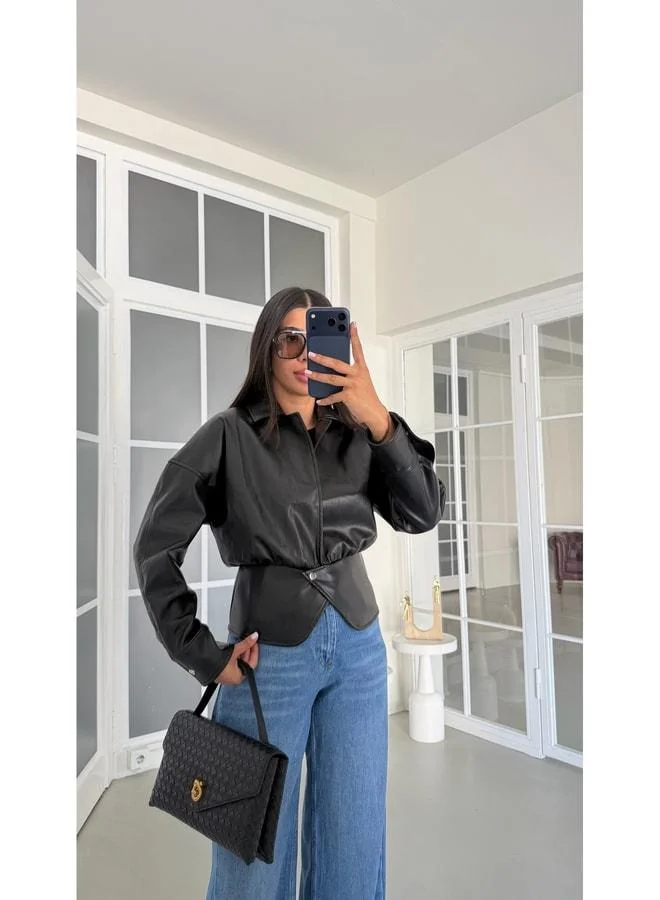 Gaus  Black Button Detailed Premium Leather Jacket GAUS-01992. for Women | Best Price UAE