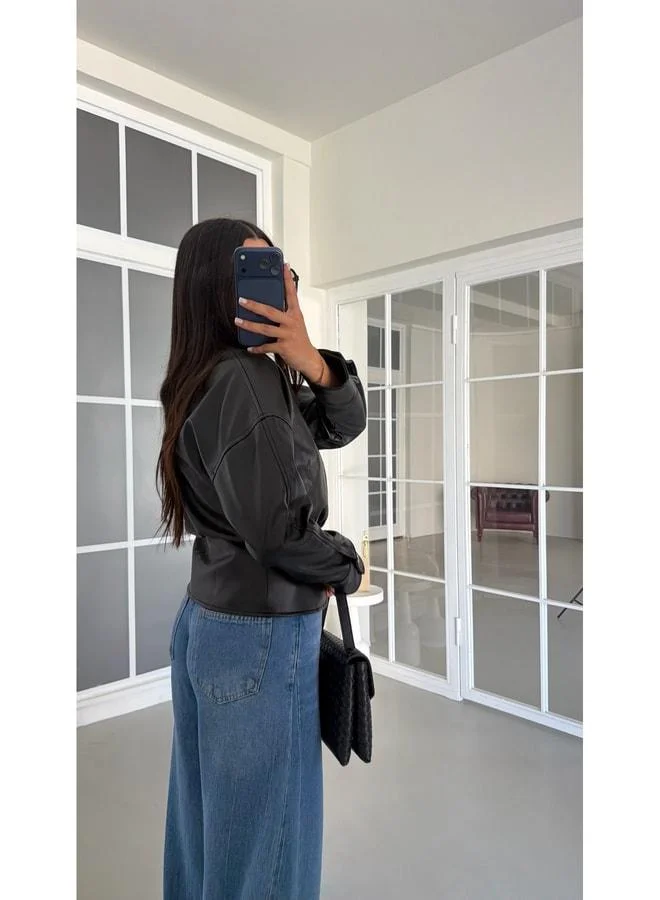 Gaus  Black Button Detailed Premium Leather Jacket GAUS-01992. for Women | Best Price UAE