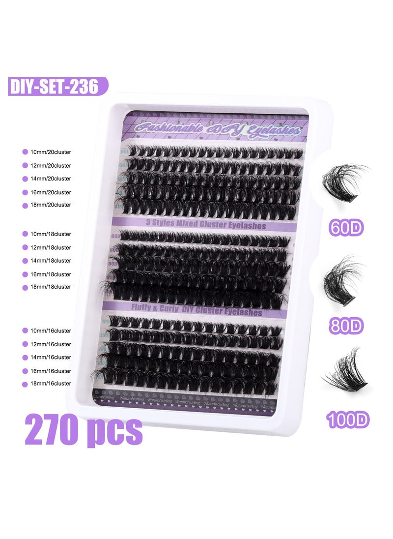 270pcs False Eyelashes Extensions Volume 60D 80D 100D 10-18MM Eyelash Clusters D Curl Cluster Lashes，DIY False Cluster Lashes，Thin Band Natural Eye False Eyelashes