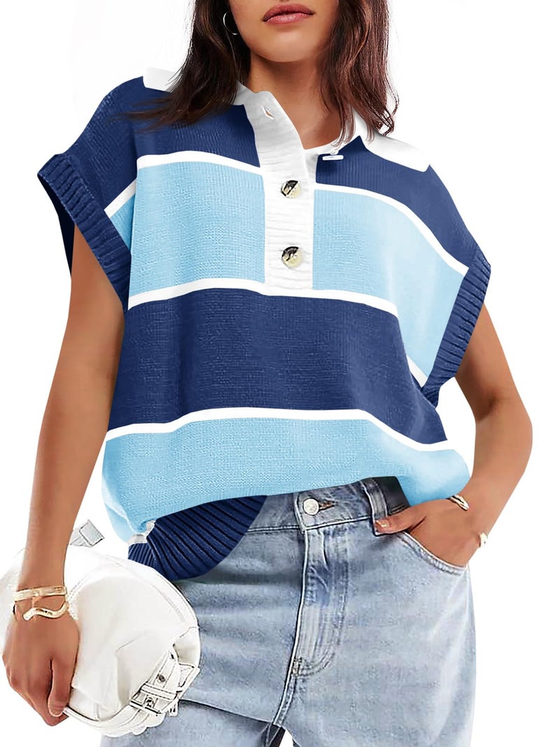 Saodimallsu Womens Striped Short Sleeve Sweater V Neck Polo Collared Top Color Block Knit Pullover Loose Fit 2025 Navy Blue - Image 1