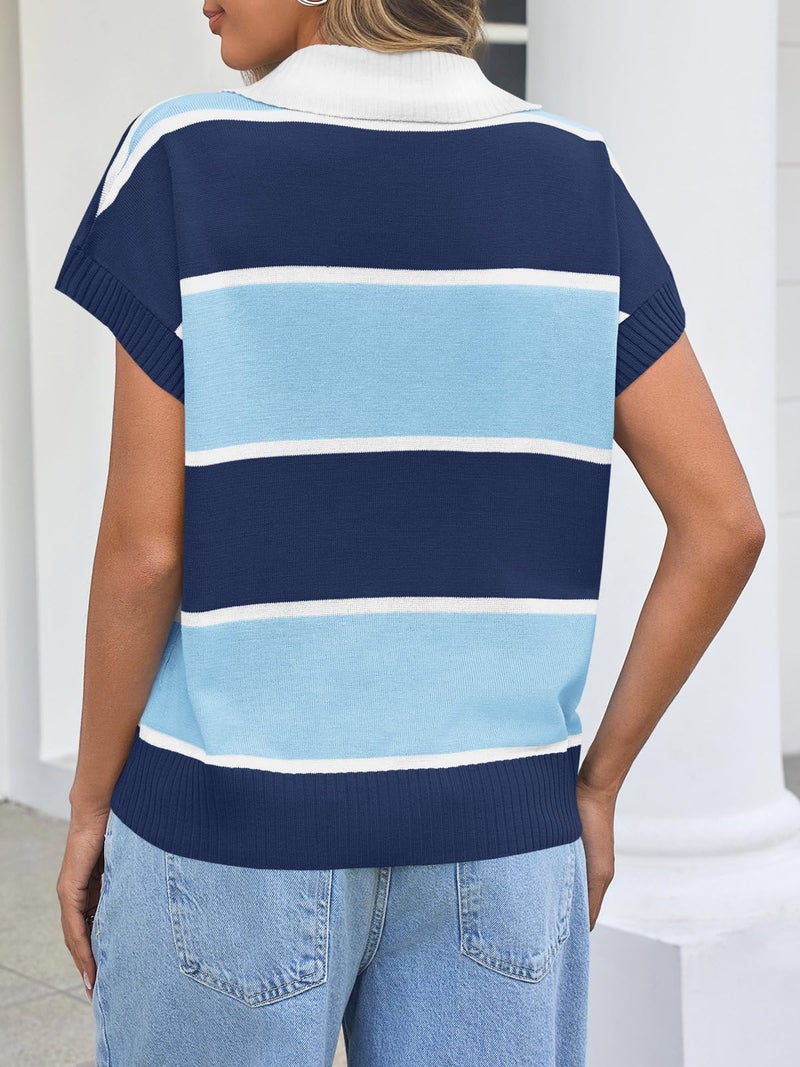 Saodimallsu Womens Striped Short Sleeve Sweater V Neck Polo Collared Top Color Block Knit Pullover Loose Fit 2025 Navy Blue - Image 5