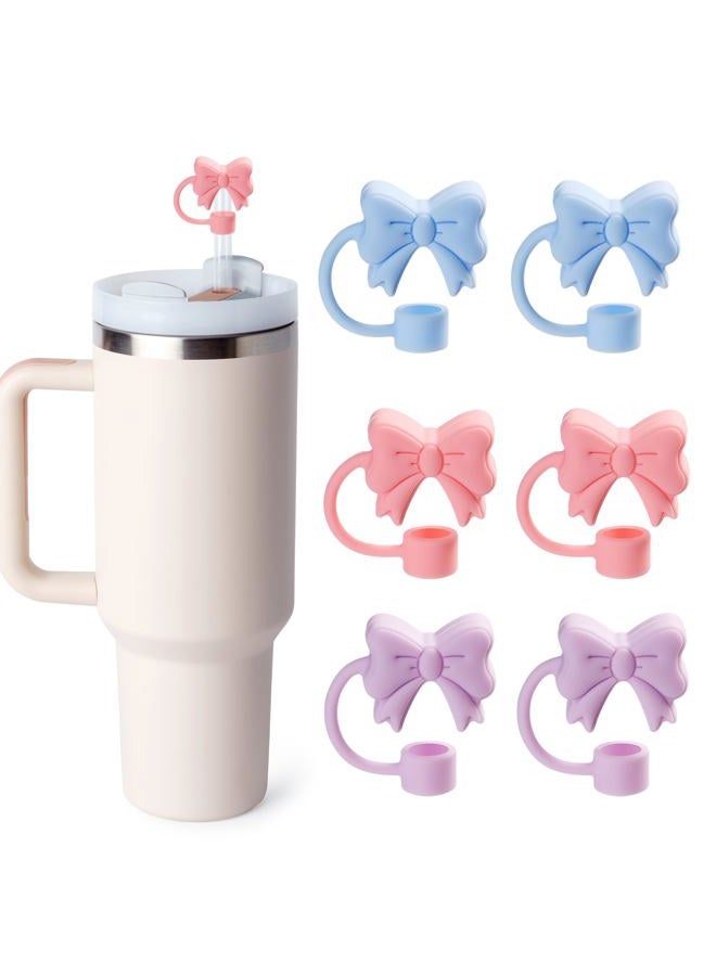 linmaya 6PCS Bow Straw Toppers, Cute Straws Covers for Stanley 30&40 Oz Tumbler with Handle, 10mm Dust-Proof Drinking Straw Dispensers Straw Topper Cap for Girls Kids (Pink Blue Purple) - Image 1