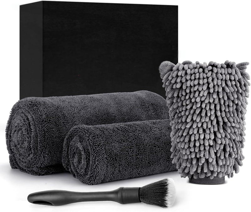 Idrese 4in1 Car towel set, 2 x 1300 GSM Microfiber Drying Towel, 1x Car Wash Mitt, 1x Car Detailing Brush - Image 1