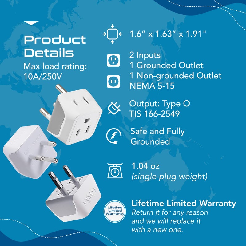 Ceptics Thailand Travel Adapter with Dual Usa Input (Type O) Ultra Compact - 3 Pack - Safe Grounded Perfect for Cell Phones, Laptops, Camera Chargers and More (CT-18) - Image 5