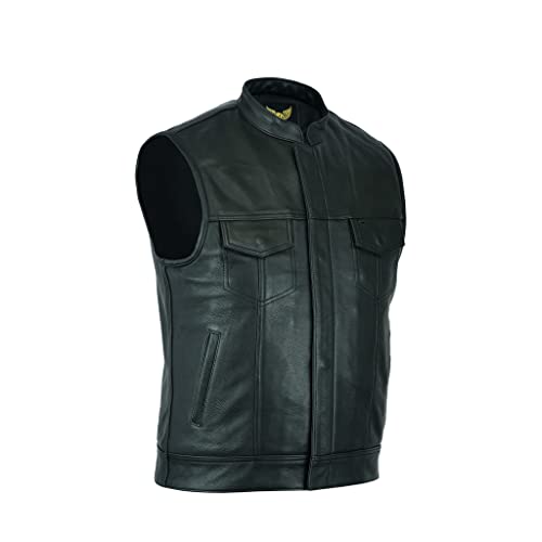 Leatherick Mens Black Motorcycle Vests - SOA Club & Traditional Paisley Satin Liner Leather Biker Vests (US, Alpha, XX-Large, Regular, Regular, Black (With Collar)) - Image 1