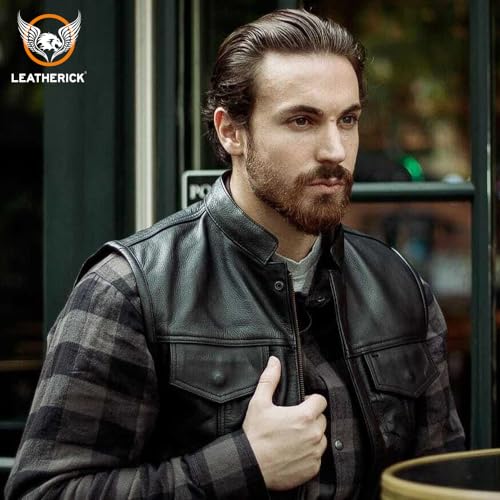 Leatherick Mens Black Motorcycle Vests - SOA Club & Traditional Paisley Satin Liner Leather Biker Vests (US, Alpha, XX-Large, Regular, Regular, Black (With Collar)) - Image 2