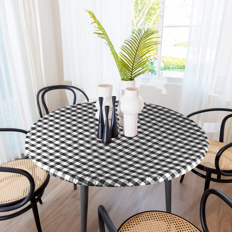 Sorfey Round Tablecloth Fitted with Elastic Vinyl with Flannel Back Fits for Table 60 Inches RoundWater Proof Easy to Clean Checked Black Design
