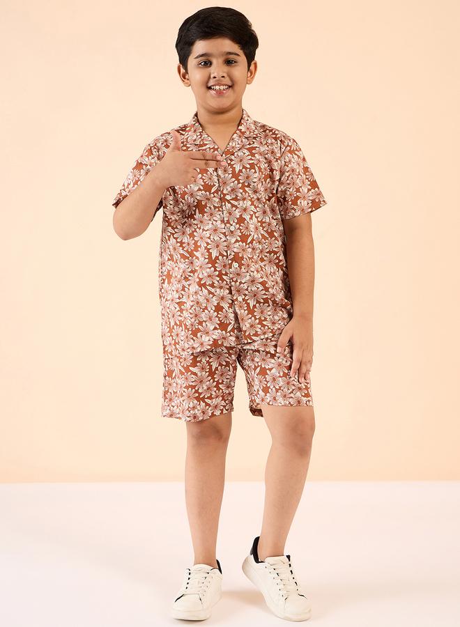Stylo Bug Boys Brown Floral Cotton Shirt And Shorts Set - Image 1