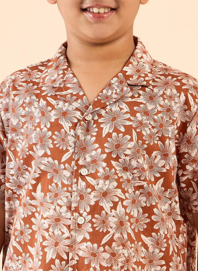Stylo Bug Boys Brown Floral Cotton Shirt And Shorts Set - Image 4