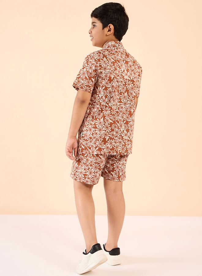 Stylo Bug Boys Brown Floral Cotton Shirt And Shorts Set - Image 3