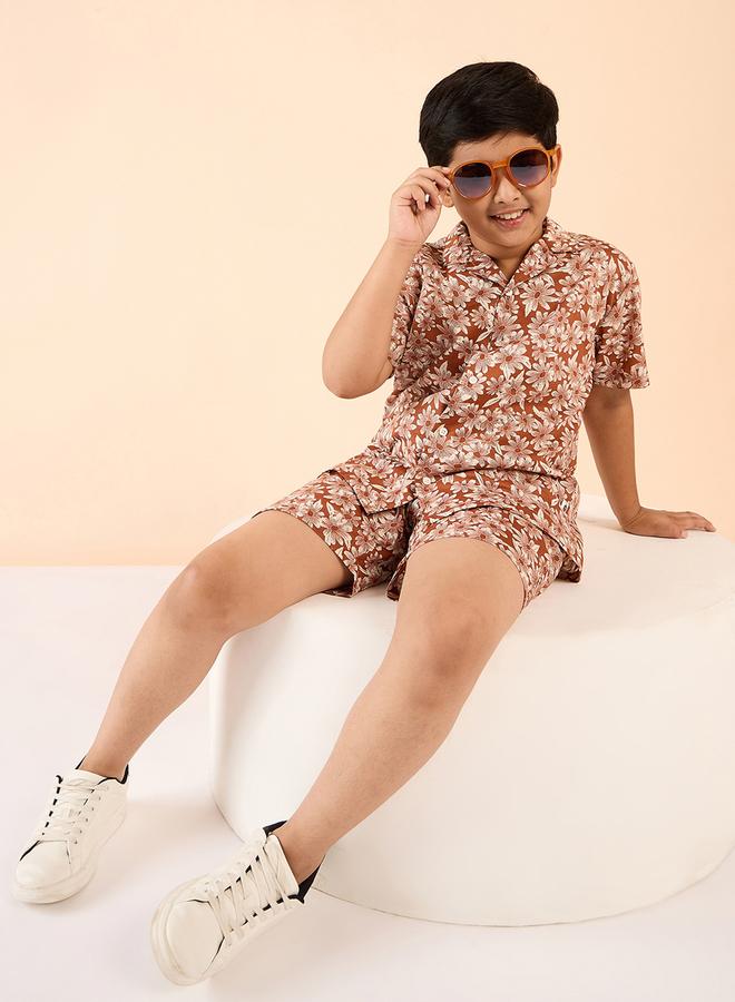 Stylo Bug Boys Brown Floral Cotton Shirt And Shorts Set - Image 2